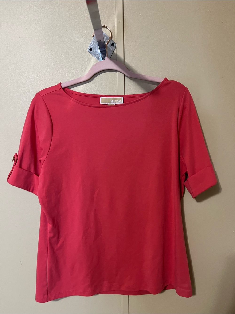 Michael Kors Coral-Pink Boatneck Short Sleeve Top